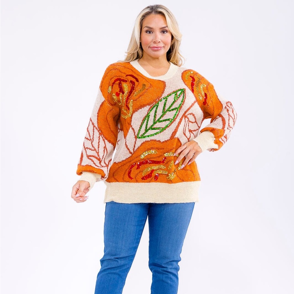 CA002 PLUS SIZE LEAF PRINT SEQUINS PULLOVER KNIT SWEATER